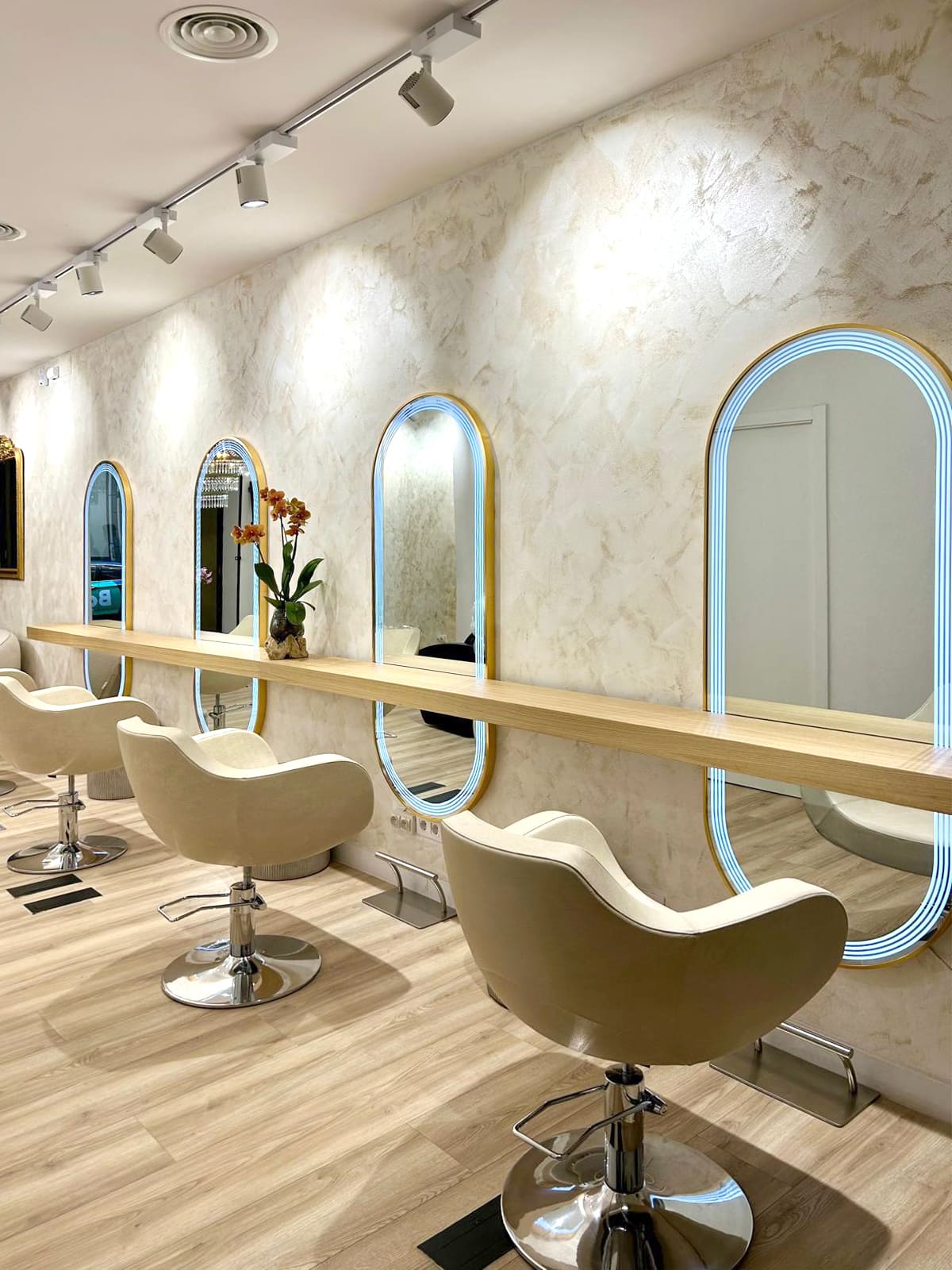 Mobilier de salon de coiffure : fauteuils, bacs, miroirs